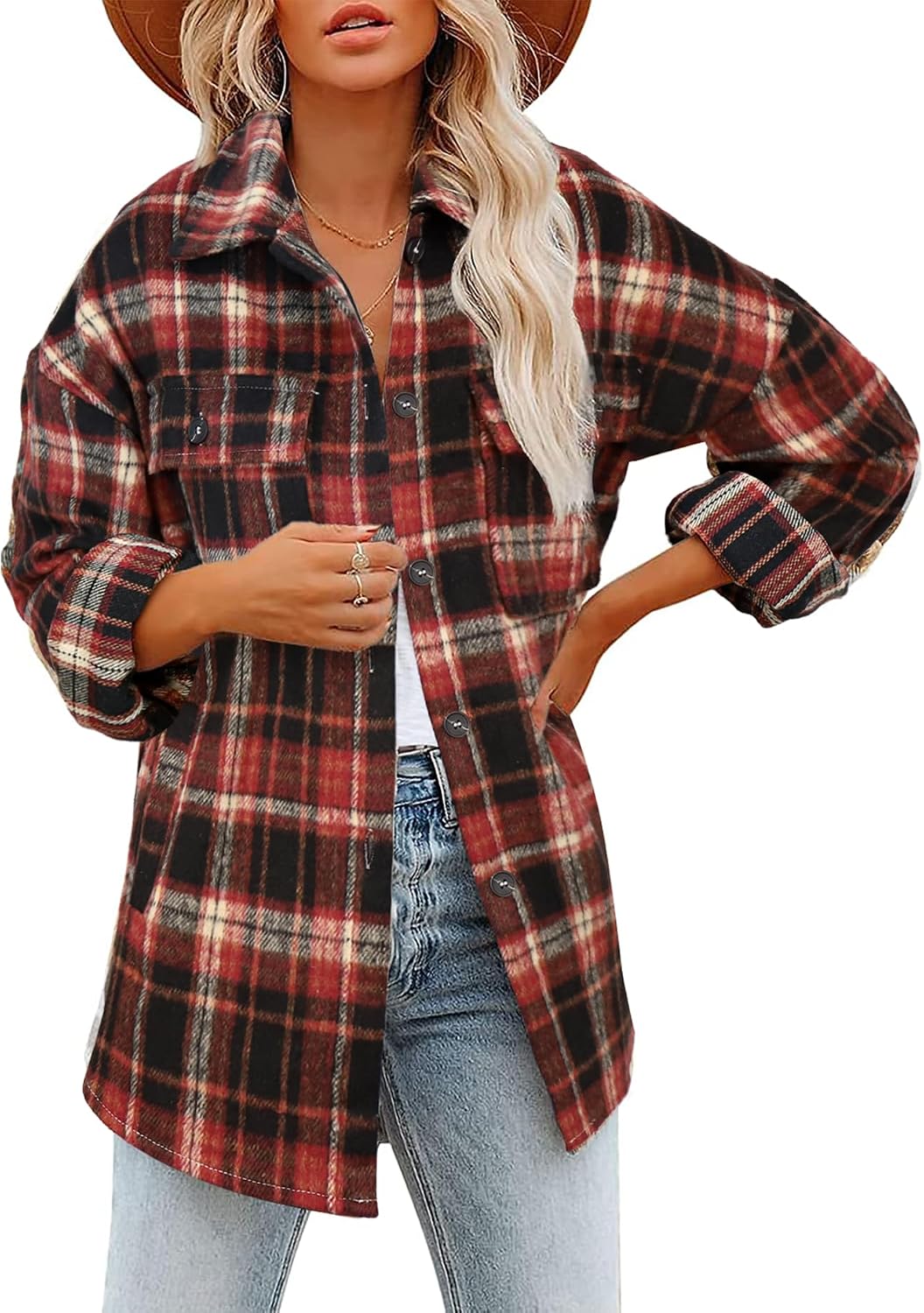 Women's Flannel Plaid Shacket Fall Winter Outfits Long Sleeve Button Down Shirts Jacket Coats with Side Pockets
