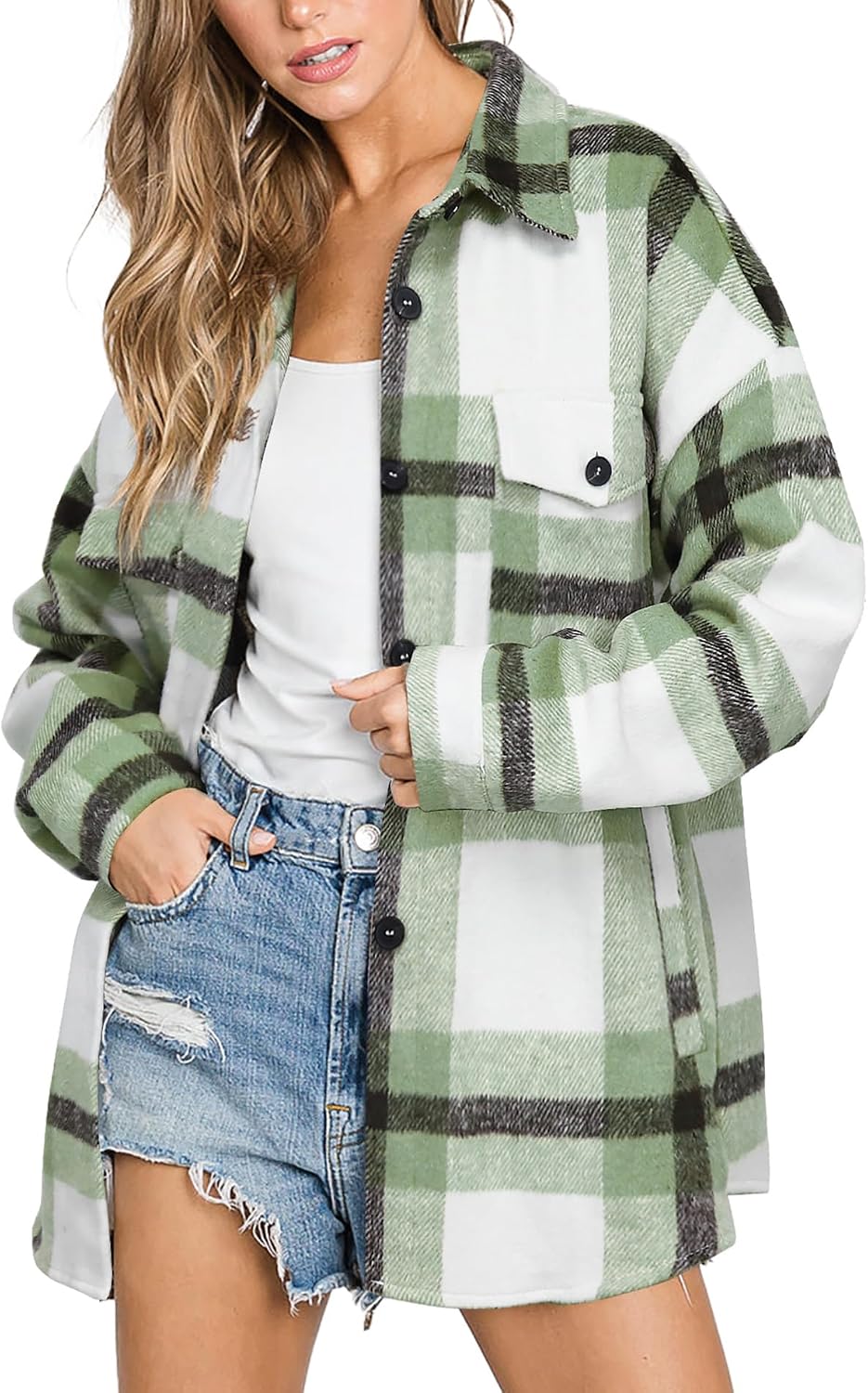 Women's Flannel Plaid Shacket Fall Winter Outfits Long Sleeve Button Down Shirts Jacket Coats with Side Pockets