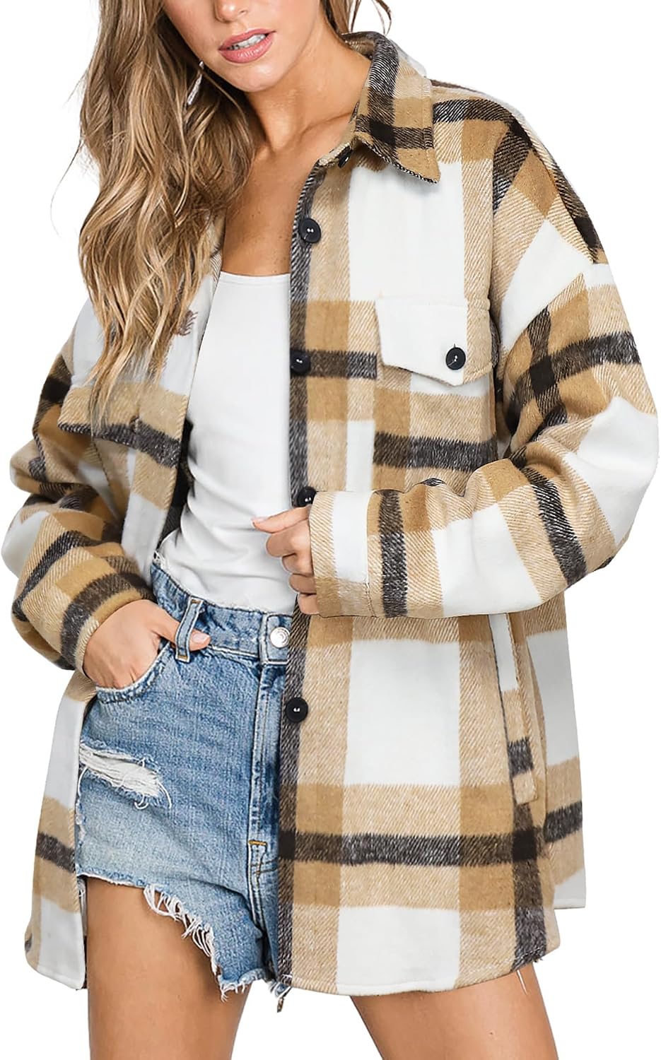 Women's Flannel Plaid Shacket Fall Winter Outfits Long Sleeve Button Down Shirts Jacket Coats with Side Pockets