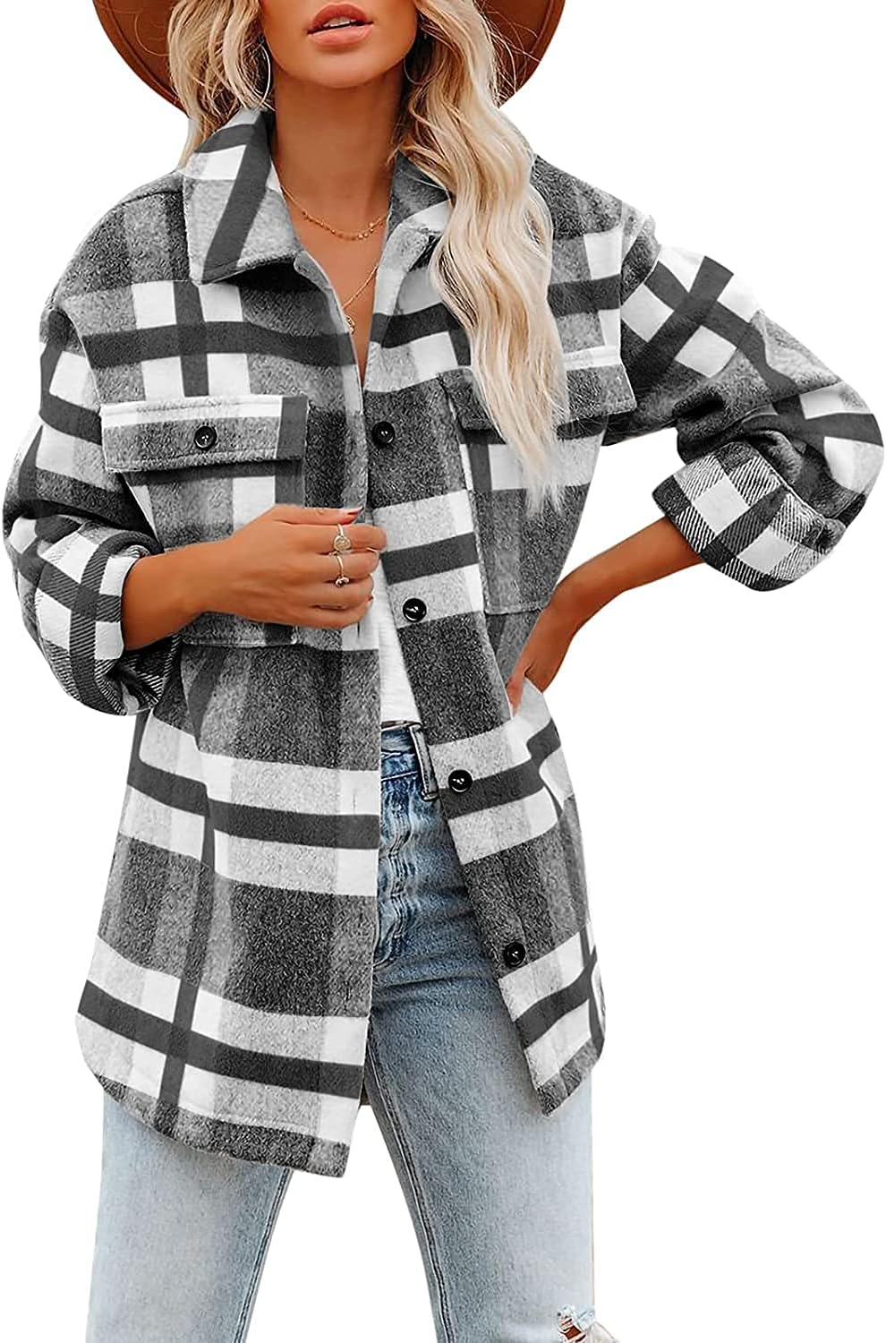 Women's Flannel Plaid Shacket Fall Winter Outfits Long Sleeve Button Down Shirts Jacket Coats with Side Pockets