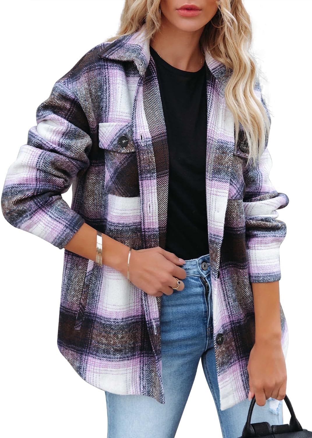 Women's Flannel Plaid Shacket Fall Winter Outfits Long Sleeve Button Down Shirts Jacket Coats with Side Pockets