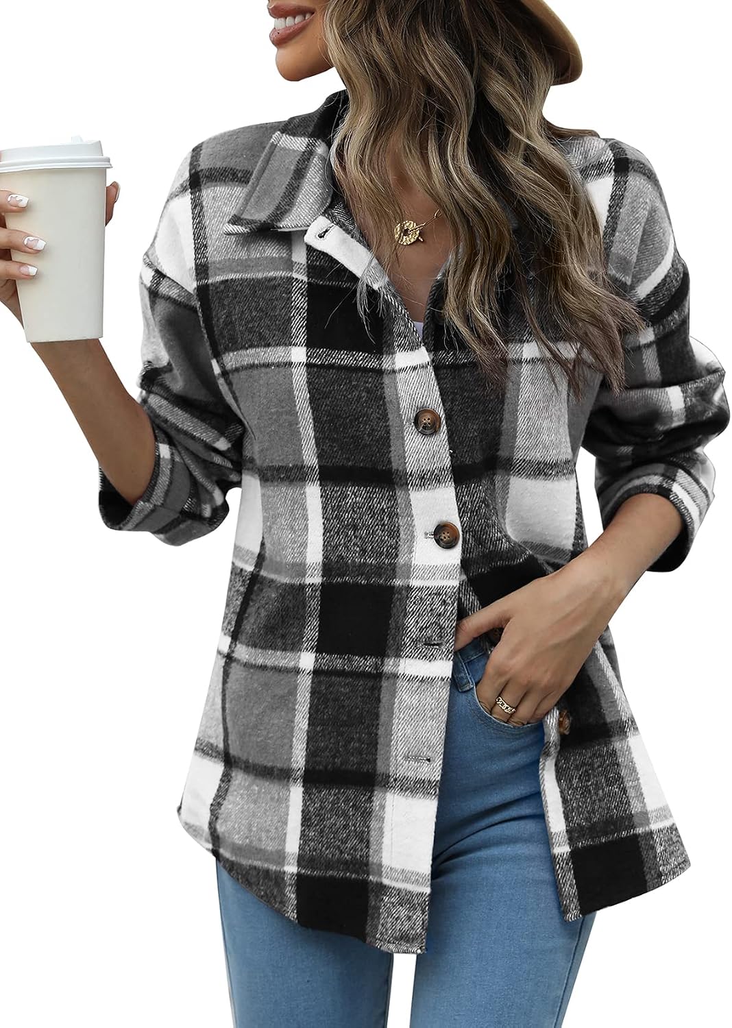 Women's Flannel Plaid Shacket Fall Winter Outfits Long Sleeve Button Down Shirts Jacket Coats with Side Pockets