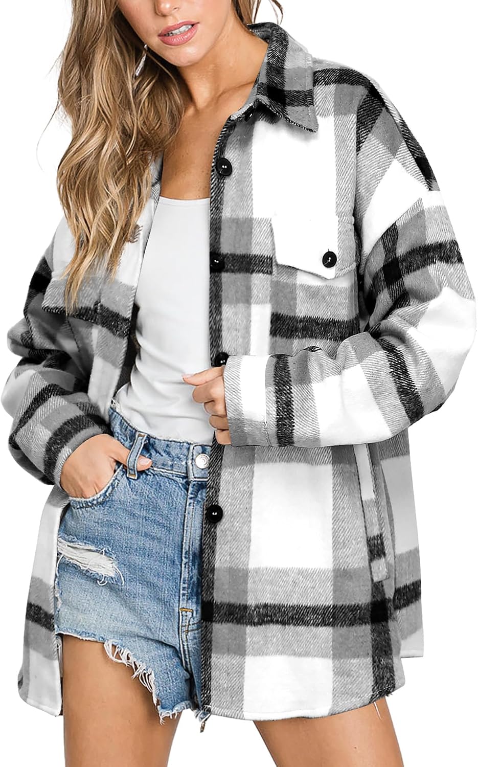 Women's Flannel Plaid Shacket Fall Winter Outfits Long Sleeve Button Down Shirts Jacket Coats with Side Pockets