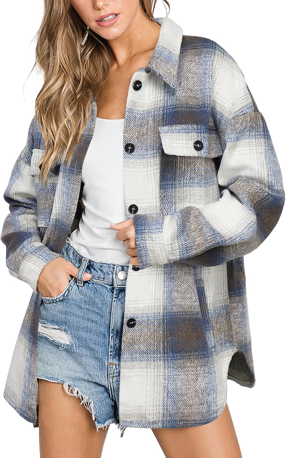 Women's Flannel Plaid Shacket Fall Winter Outfits Long Sleeve Button Down Shirts Jacket Coats with Side Pockets