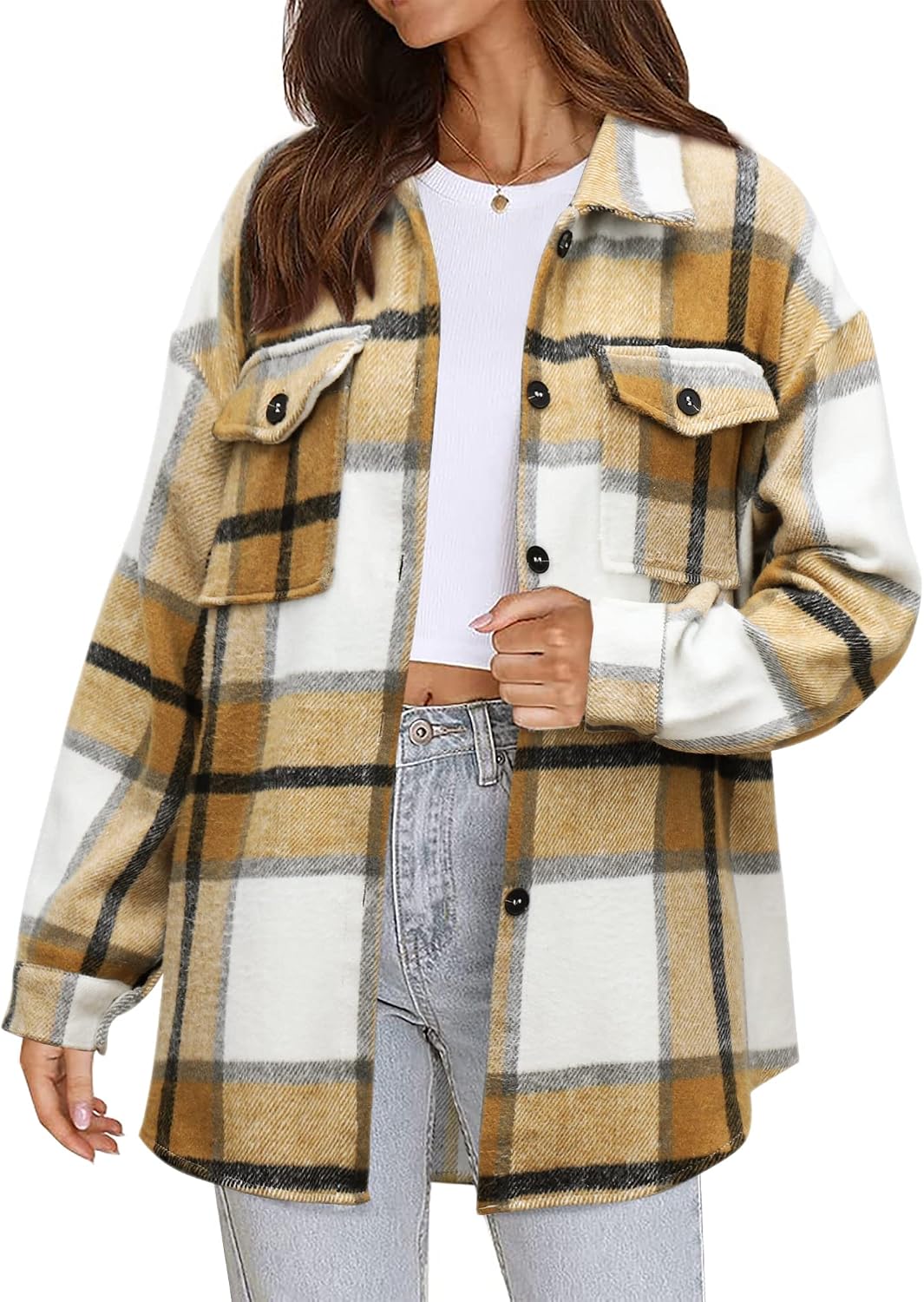 Women's Flannel Plaid Shacket Fall Winter Outfits Long Sleeve Button Down Shirts Jacket Coats with Side Pockets