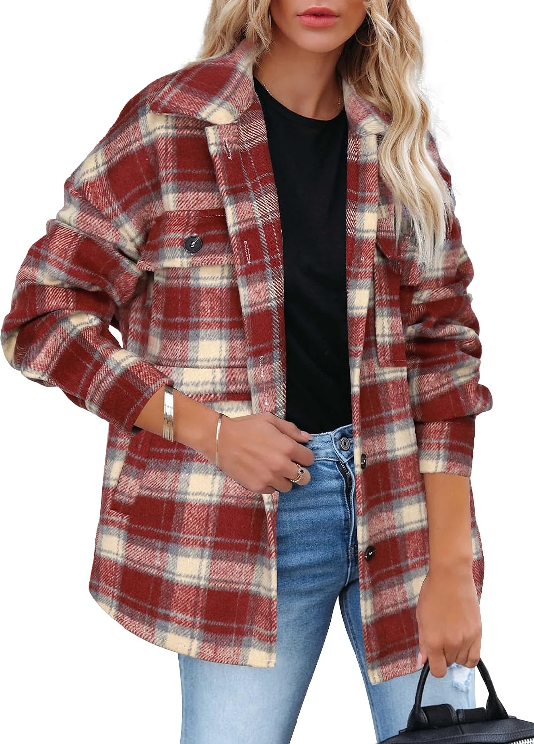 Women's Flannel Plaid Shacket Fall Winter Outfits Long Sleeve Button Down Shirts Jacket Coats with Side Pockets