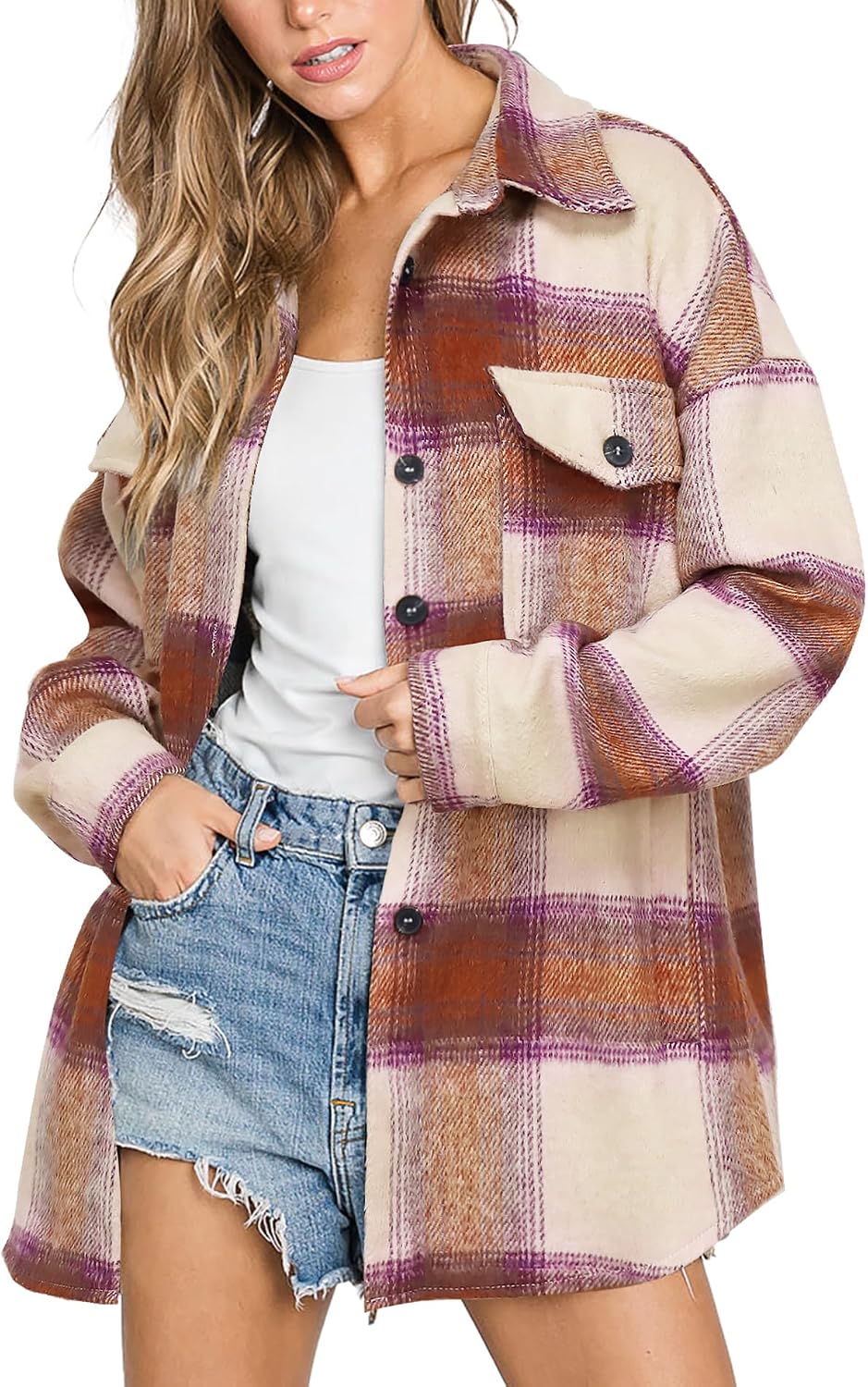 Women's Flannel Plaid Shacket Fall Winter Outfits Long Sleeve Button Down Shirts Jacket Coats with Side Pockets