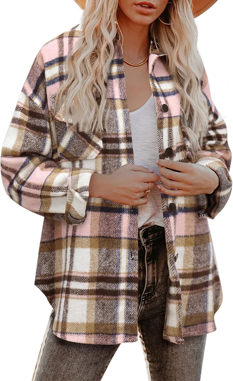 Women's Flannel Plaid Shacket Fall Winter Outfits Long Sleeve Button Down Shirts Jacket Coats with Side Pockets