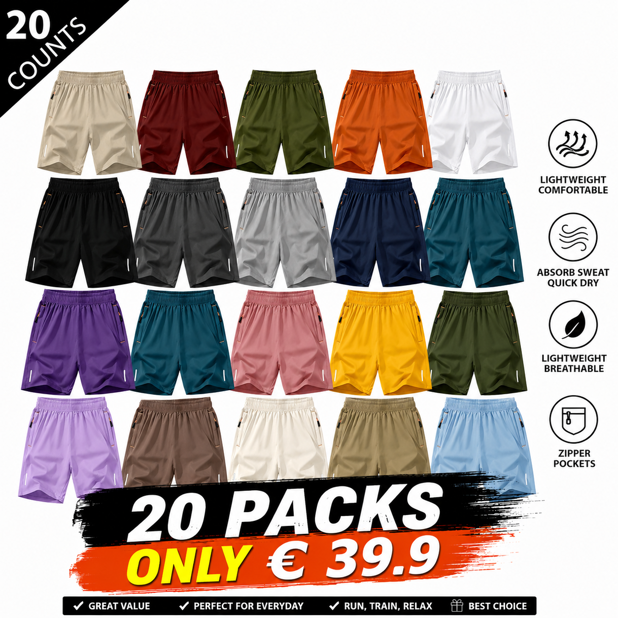 Men’s solid-color shorts with zippered pockets