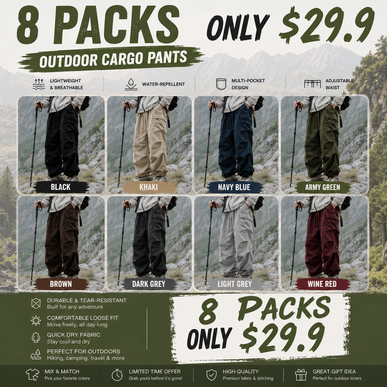 Men's Baggy Cargo Pants, Lightweight Plain Water-Resistant Streetwear Trousers for Outdoor Wear