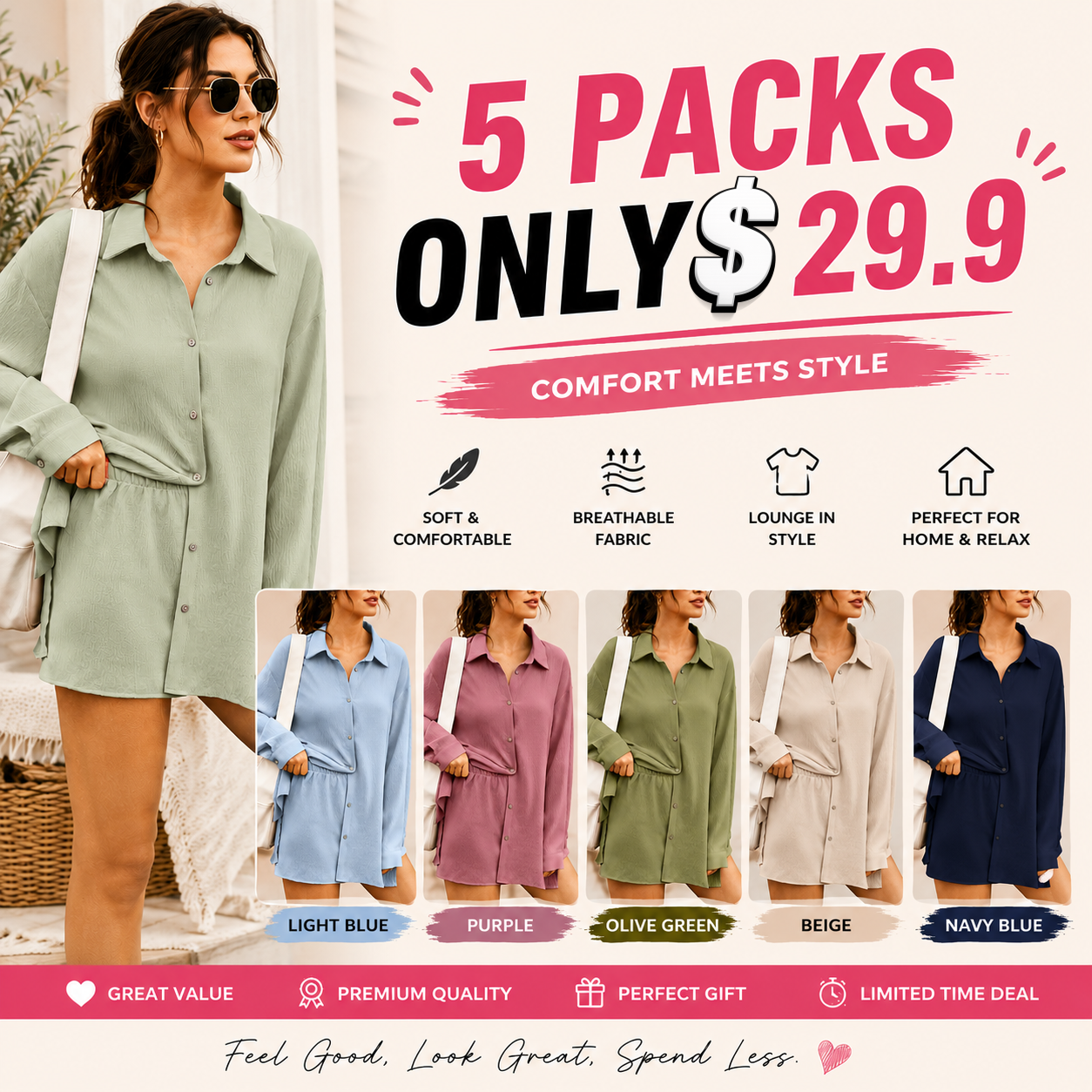 Women's Oversized Button Down Shirt & Shorts 2 Piece Set