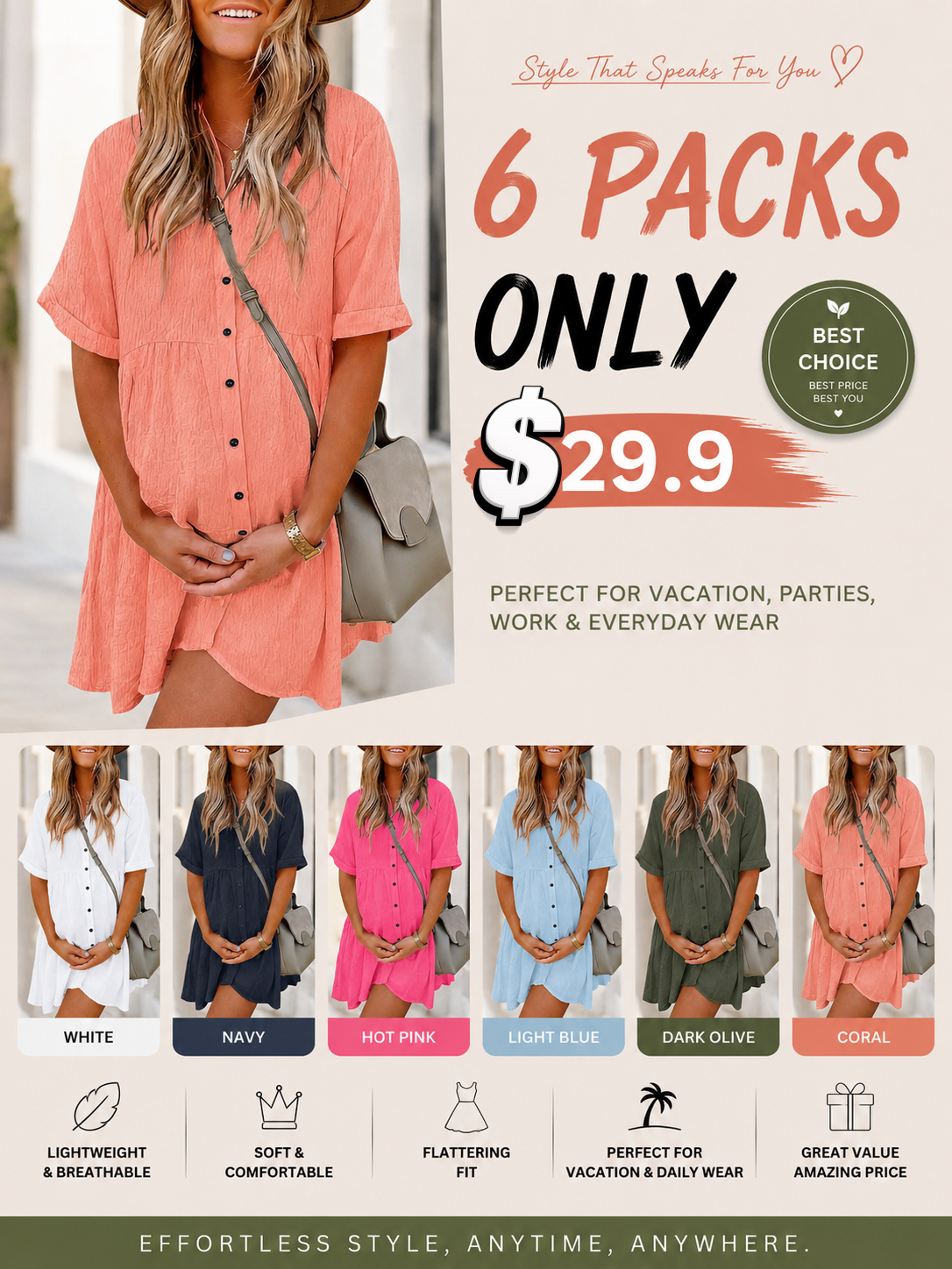Women Short Sleeve Button Down Textured Non-clingy Loose Fit Flowy Mini Dress with Pockets 2026 New Summer Dress