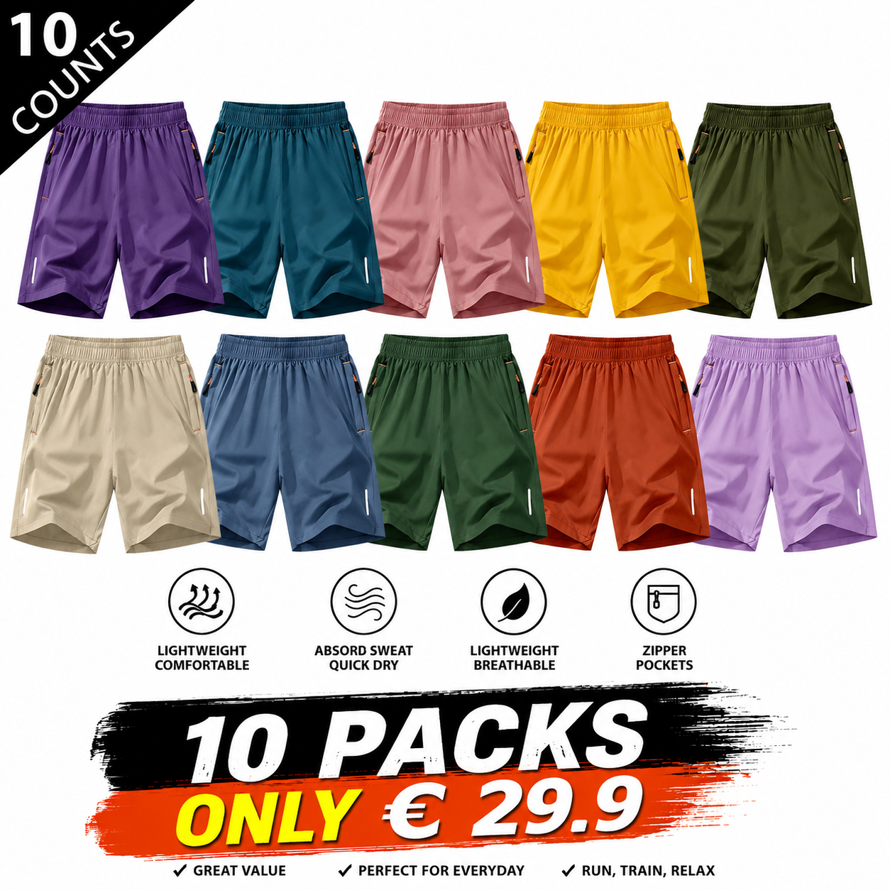 Men’s solid-color shorts with zippered pockets