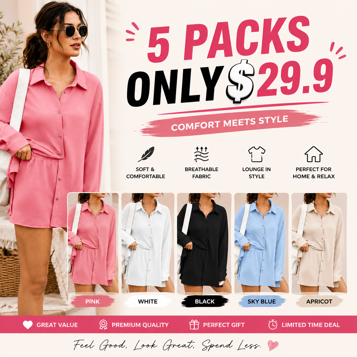 Women's Oversized Button Down Shirt & Shorts 2 Piece Set