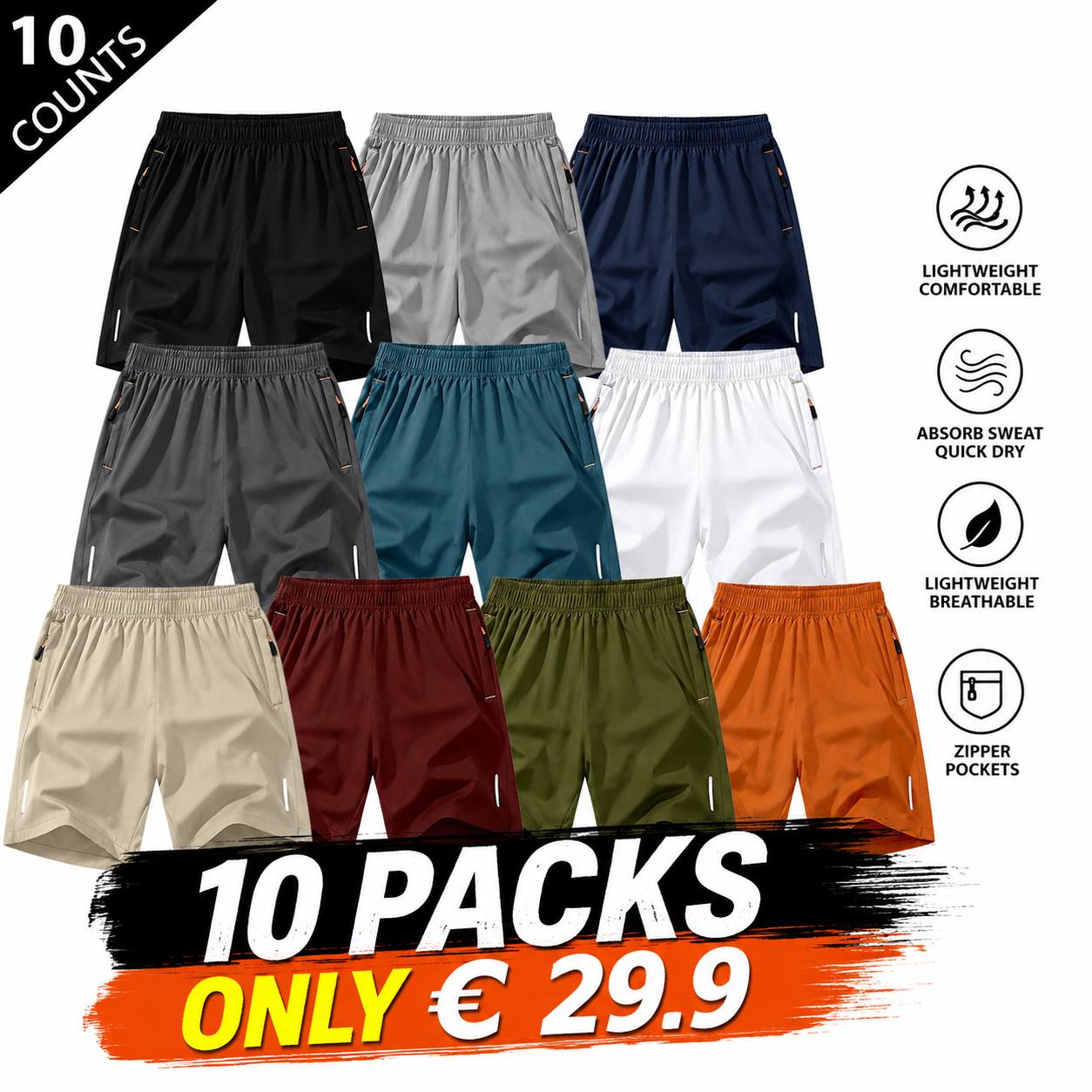 Men’s solid-color shorts with zippered pockets