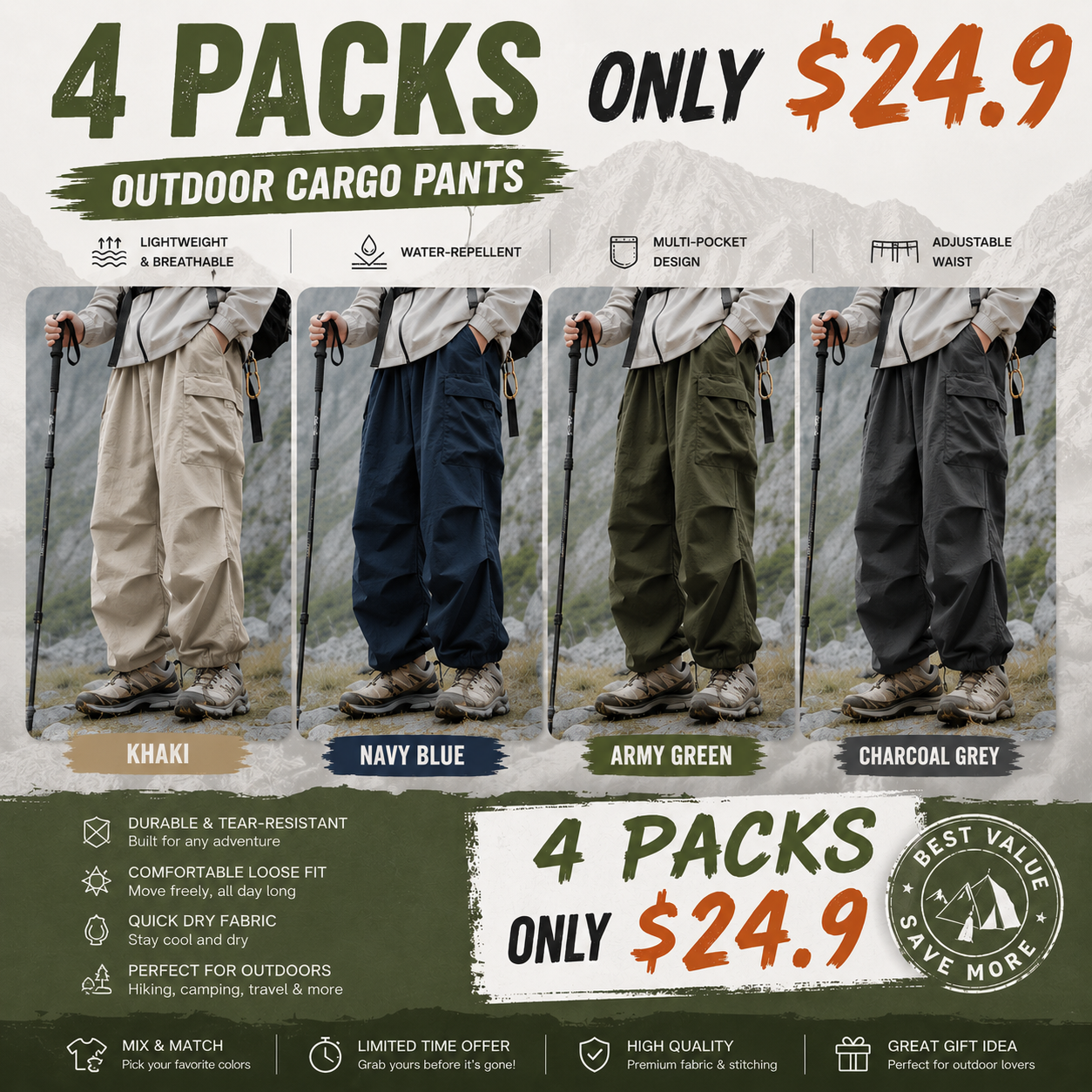 Men's Baggy Cargo Pants, Lightweight Plain Water-Resistant Streetwear Trousers for Outdoor Wear