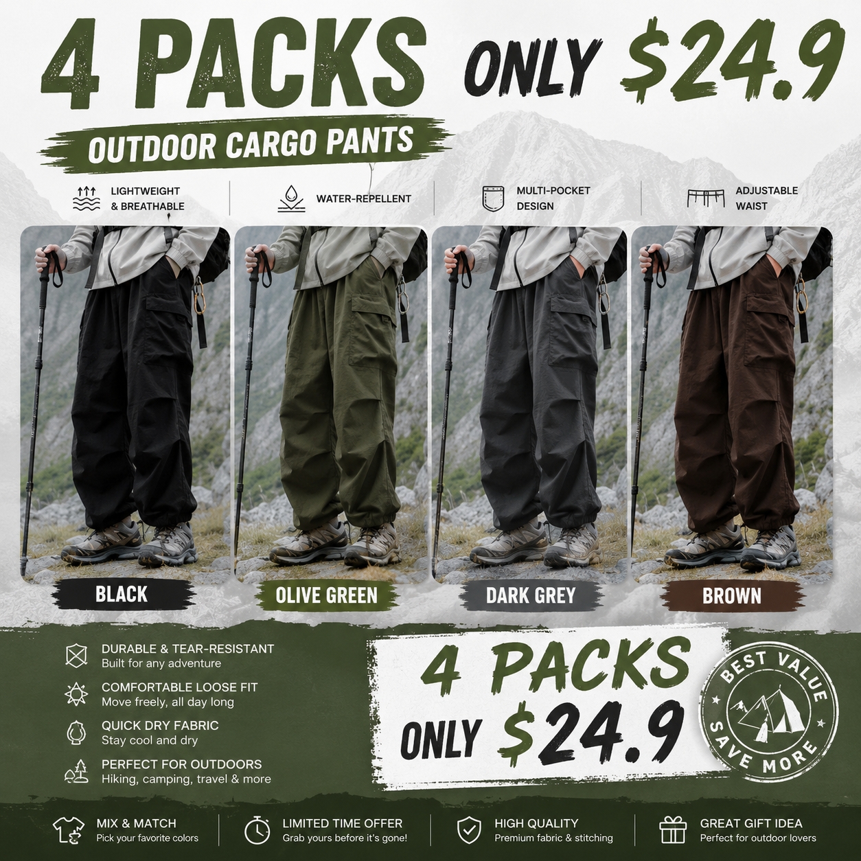 Men's Baggy Cargo Pants, Lightweight Plain Water-Resistant Streetwear Trousers for Outdoor Wear