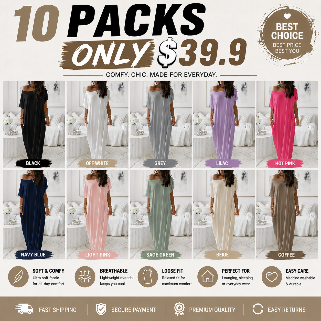Women's Basic Solid Color Batwing Sleeve Loungewear Dress