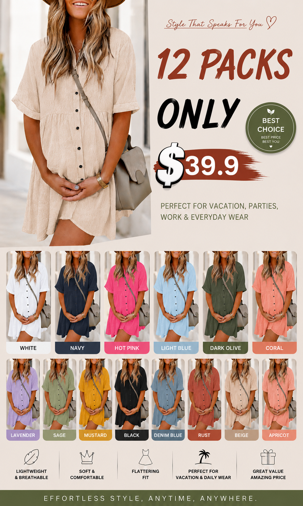 Women Short Sleeve Button Down Textured Non-clingy Loose Fit Flowy Mini Dress with Pockets 2026 New Summer Dress