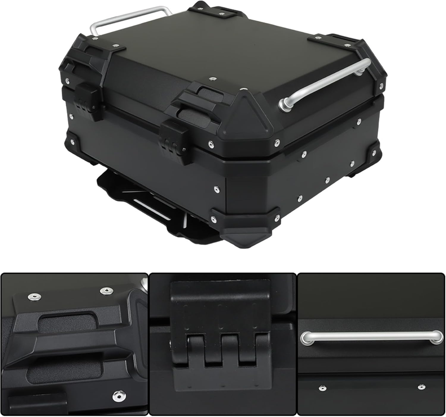 Labwork - Caja trasera para motocicleta de 45 l, con placa de montaje, aleación de aluminio dura, cierre de seguridad contra robo, metal plateado, caja trasera para maletero