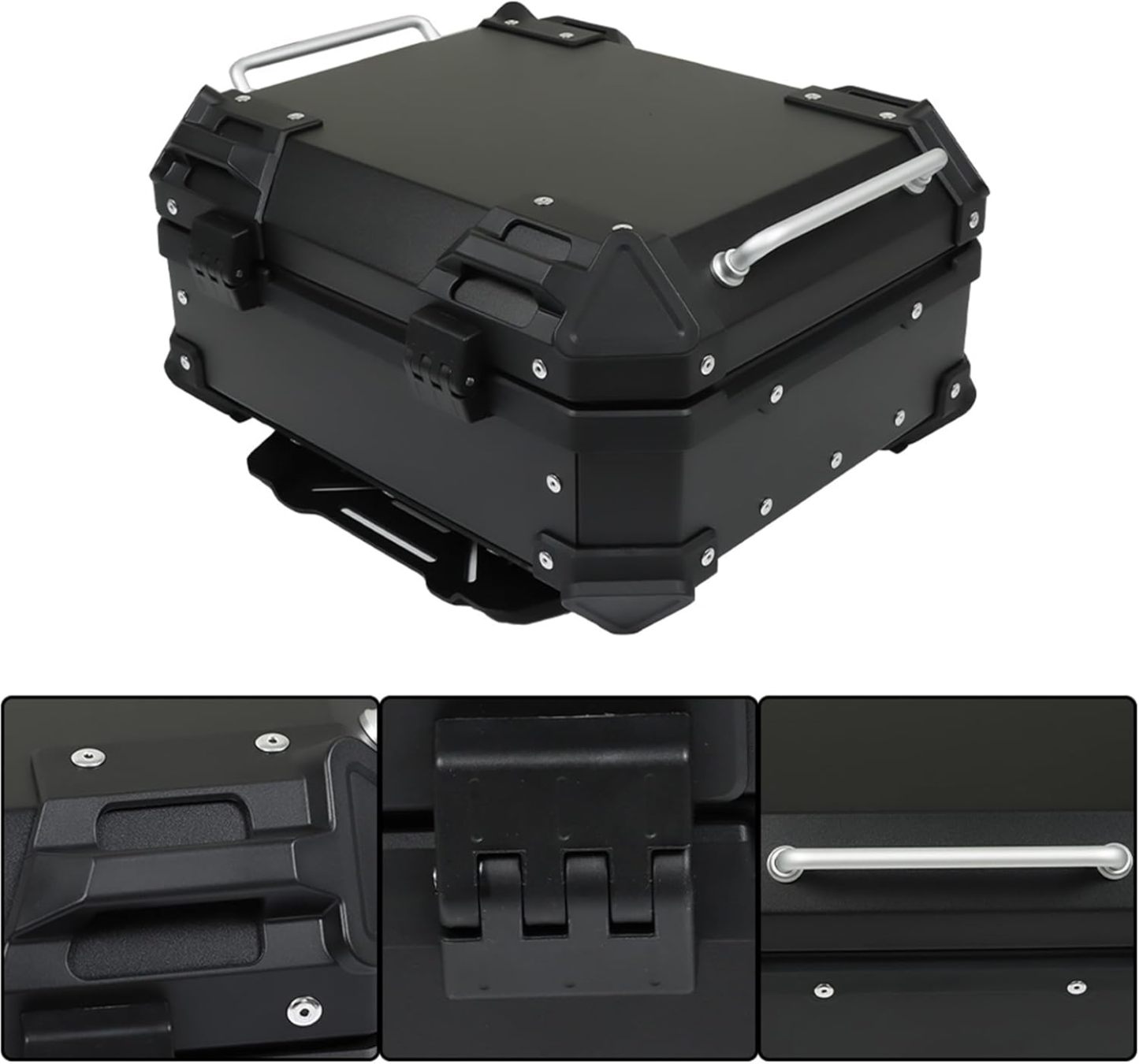 Labwork - Caja trasera para motocicleta de 45 l, con placa de montaje, aleación de aluminio dura, cierre de seguridad contra robo, metal plateado, caja trasera para maletero