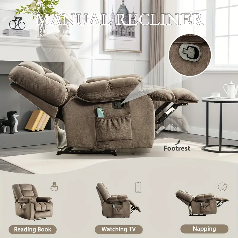 Silla de poder individual - Sillón elevador con función de masaje de cuerpo completo y calor - Sillón de salón ergonómico, cómodo y acolchado con bolsa de almacenamiento lateral, marrón