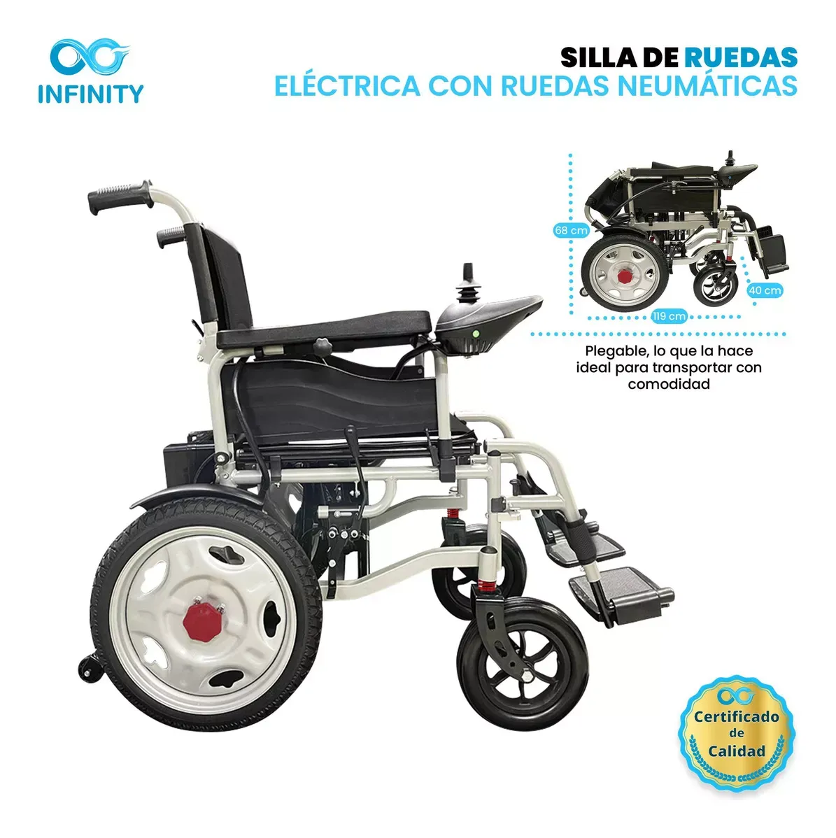 Silla De Ruedas Eléctrica Todo Terreno Neumática Infinity, Plegable, Color Negro, Ambidiestra
