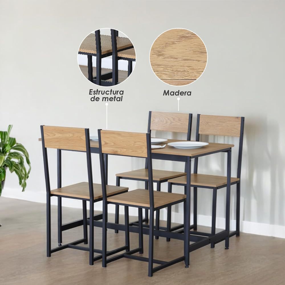 Juego de Comedor Industrial de Madera y Metal | Mesa con Sillas o Bancas | Set para 2 o 4 Personas (4 Sillas - Set para 4 Personas)