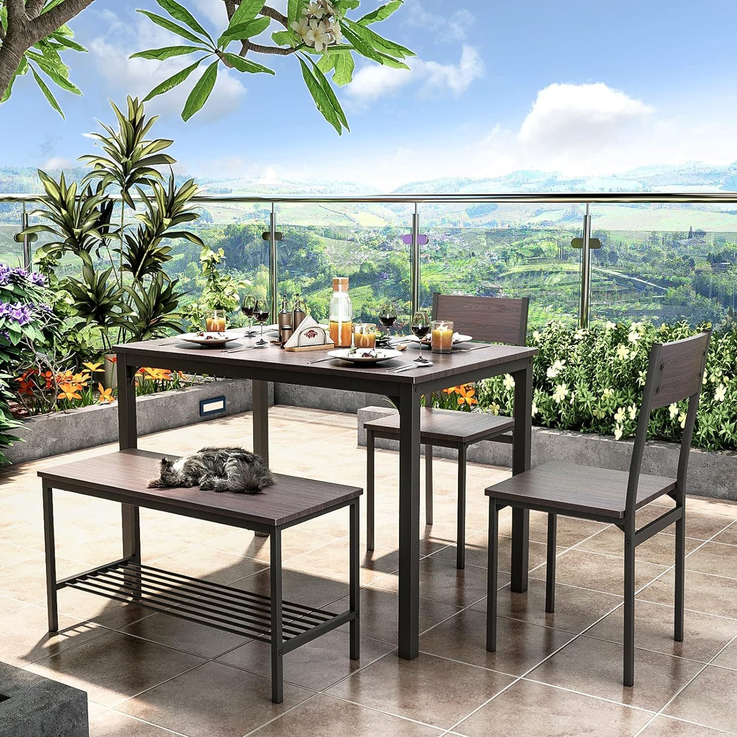 soges - Juego de mesa de comedor para 4 personas, juego de mesa de cocina de 43.5 pulgadas para sillas de 4,2 con respaldo, banco para 2 personas con estante de almacenamiento, juego de muebles para comedor y restaurante, roble rústico-trapo