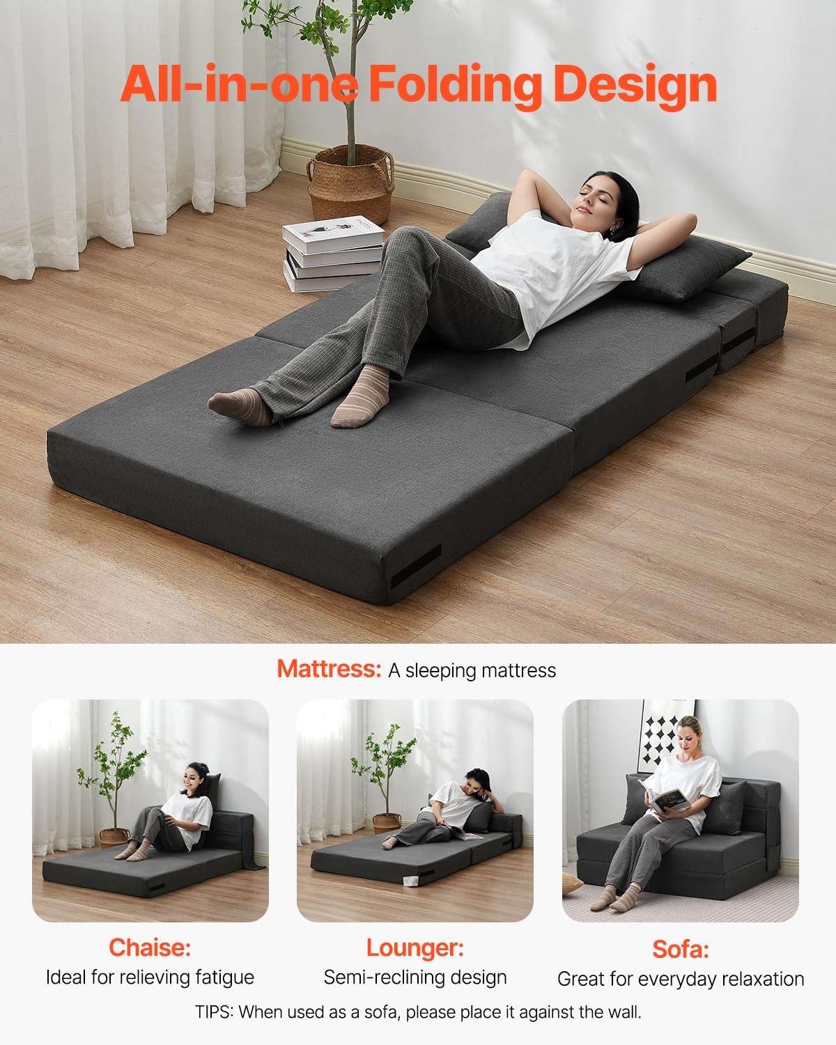 VEVOR - Sofá Cama Plegable 3 en 1 con 2 Almohadas y Funda Lavable, 25D de Espuma viscoelástica Convertible de Alta Densidad, sofá de futón para Sala de Estar, recámara, Gris Oscuro (Individual)