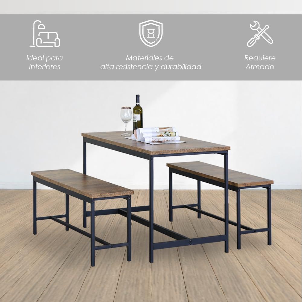 Juego de Comedor Industrial de Madera y Metal | Mesa con Sillas o Bancas | Set para 2 o 4 Personas (4 Sillas - Set para 4 Personas)