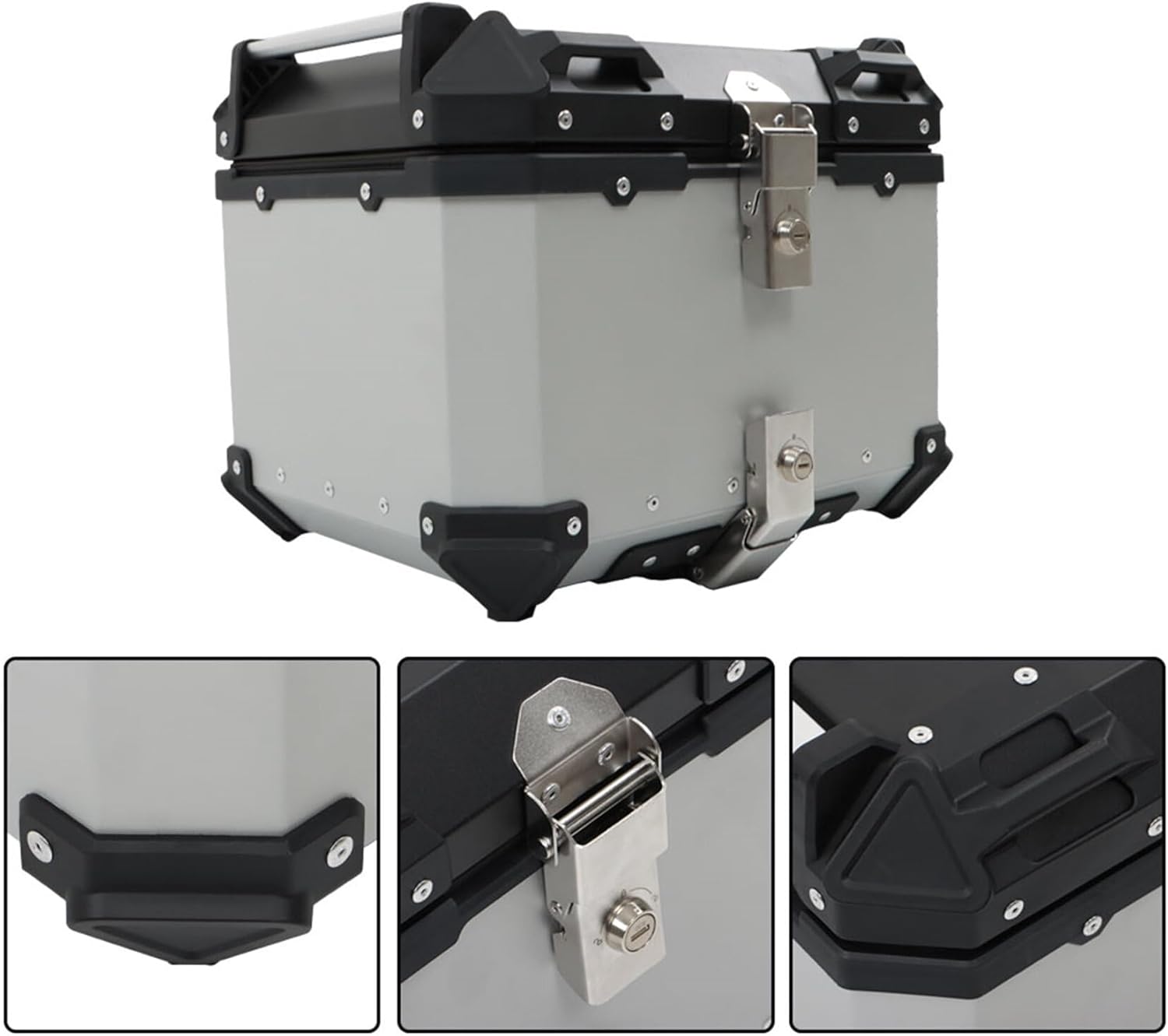 Labwork - Caja trasera para motocicleta de 45 l, con placa de montaje, aleación de aluminio dura, cierre de seguridad contra robo, metal plateado, caja trasera para maletero