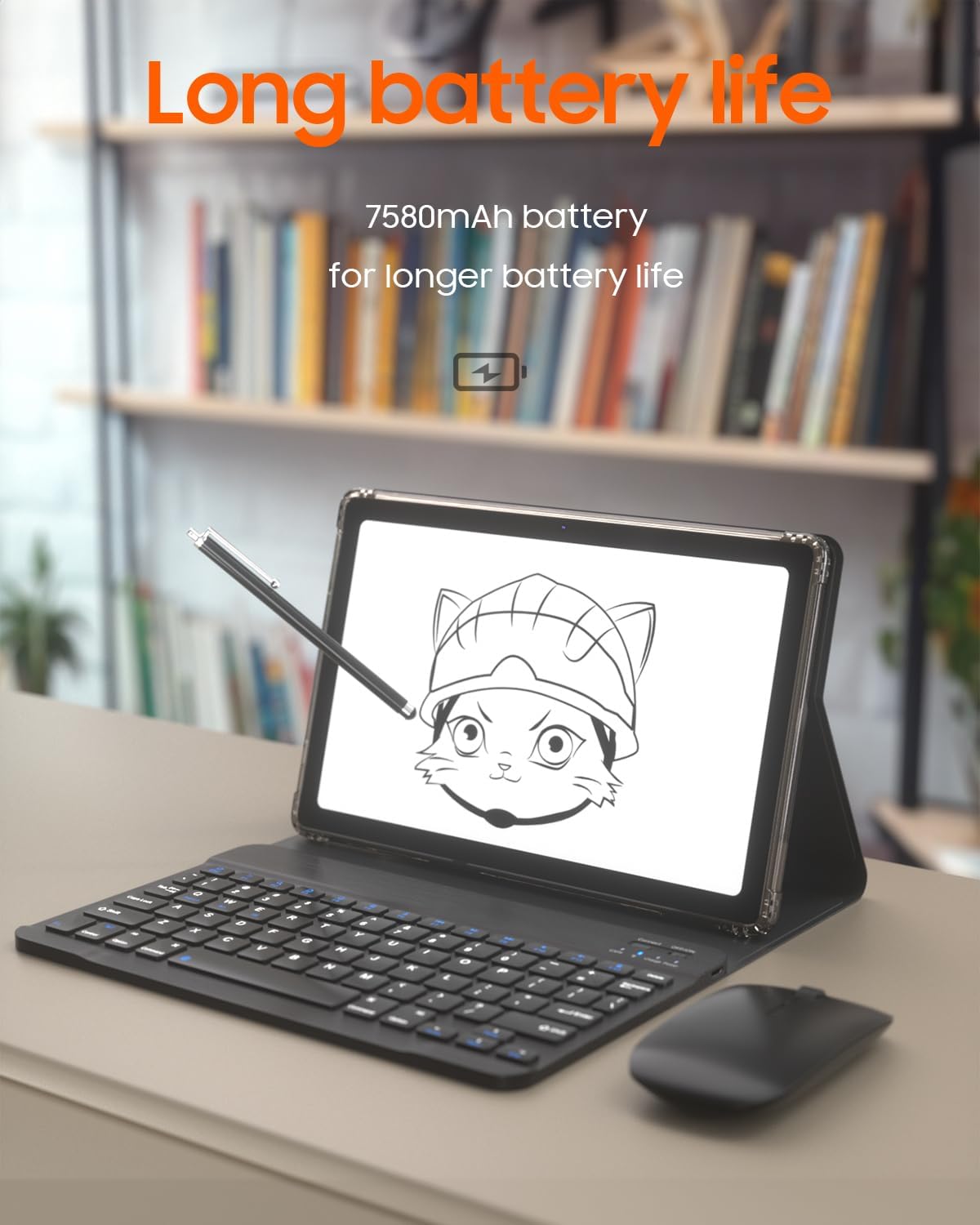 Tablet con teclado 2 en 1, Android 11, 10.1 pulgadas FHD, con teclado/mouse/funda/lápiz capacitivo/película templada, 64 GB+2 GB, Wi-Fi, cámara dual 8 MP, procesador quad core, batería 6,000 mAh, rosa