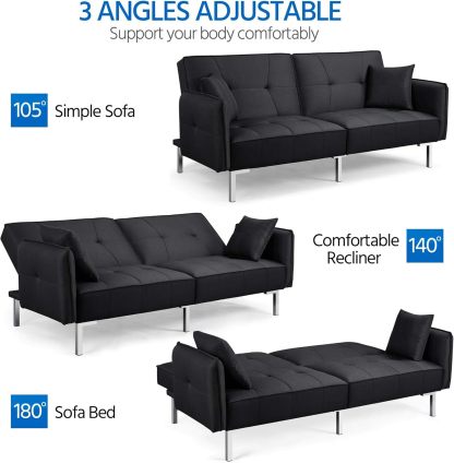 Yaheetech Sofá cama convertible moderno futón sofás, cama plegable y abajo, tela de lino reclinable para sala de estar, color gris