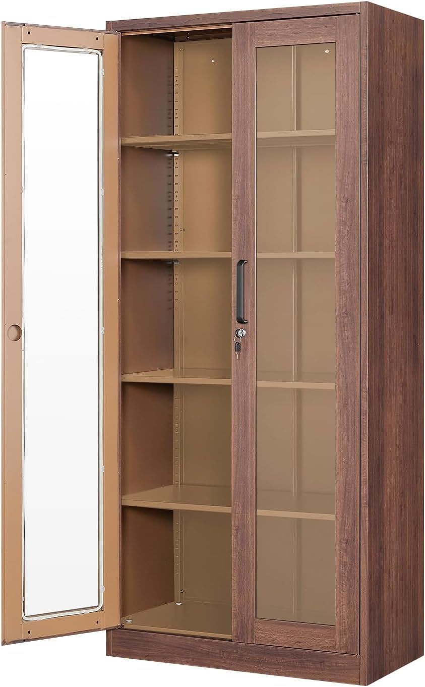 PEUKC - Vitrina con puertas de vidrio, vitrinas con 4 estantes ajustables y cerradura para el hogar, la oficina, la clínica, la despensa, requiere ensamblaje, negro, color madera