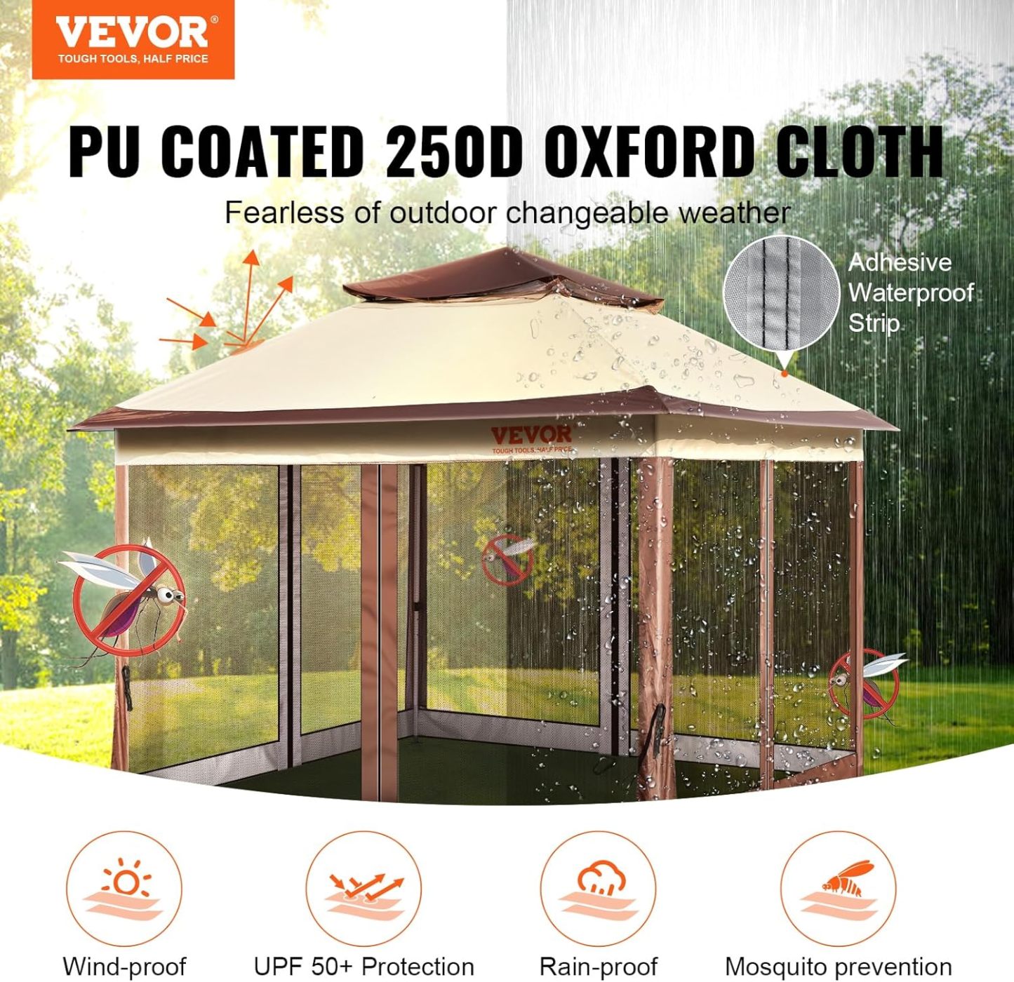 VEVOR - Gazebo desplegable para 8-10 Personas, con mosquitero, Marco de Metal y Tela Oxford 250D recubierta de Poliuretano, toldo Exterior para Patio, Patio, jardín, terraza, 11 x 11 pies, Color café