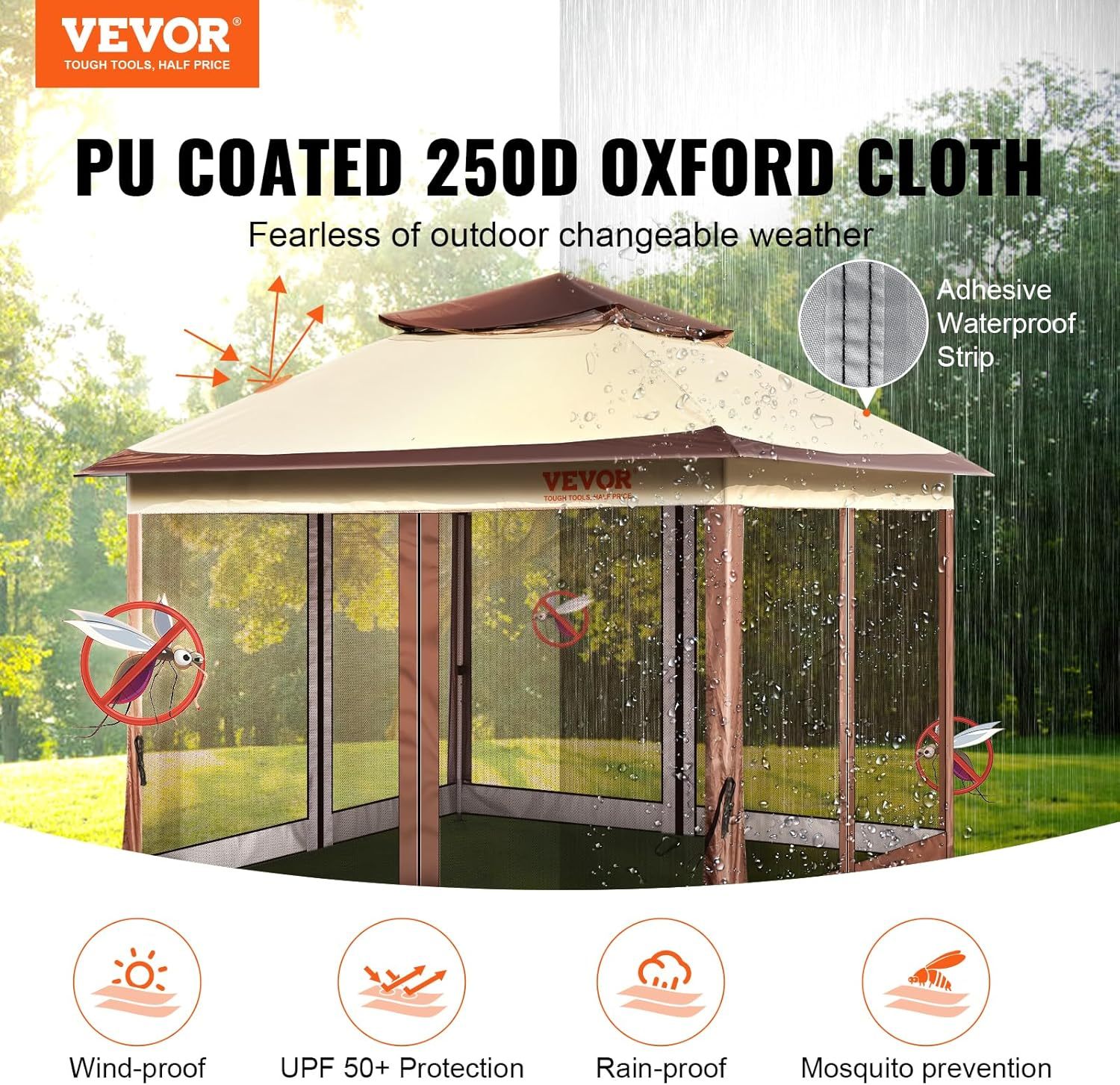 VEVOR - Gazebo desplegable para 8-10 Personas, con mosquitero, Marco de Metal y Tela Oxford 250D recubierta de Poliuretano, toldo Exterior para Patio, Patio, jardín, terraza, 11 x 11 pies, Color café
