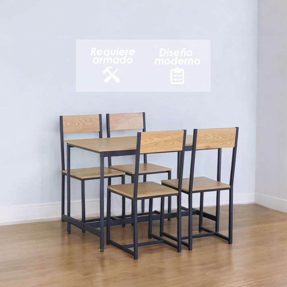 Juego de Comedor Industrial de Madera y Metal | Mesa con Sillas o Bancas | Set para 2 o 4 Personas (4 Sillas - Set para 4 Personas)