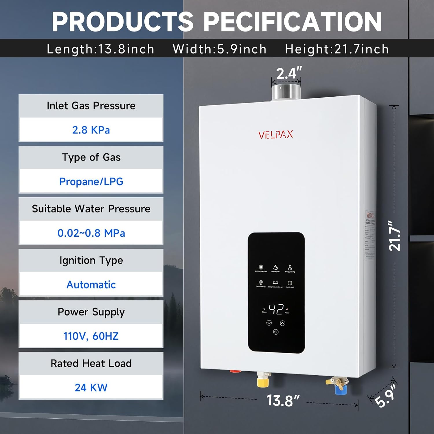 Calentador de agua sin tanque, propano, 4.21 GPM 16 L para interiores, calentador de agua de propano constante, calentador de agua de gas propano caliente instantáneo con visualización digital