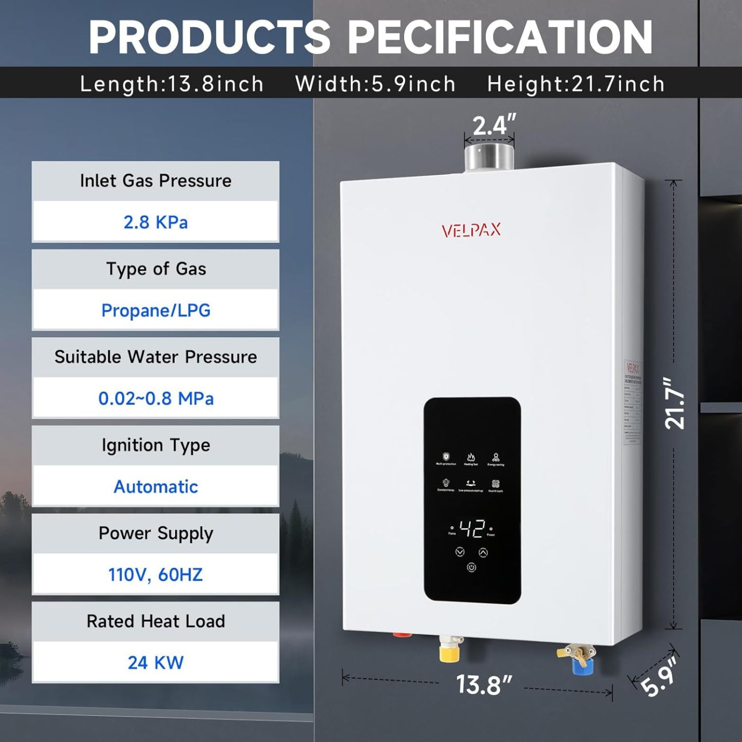 Calentador de agua sin tanque, propano, 4.21 GPM 16 L para interiores, calentador de agua de propano constante, calentador de agua de gas propano caliente instantáneo con visualización digital
