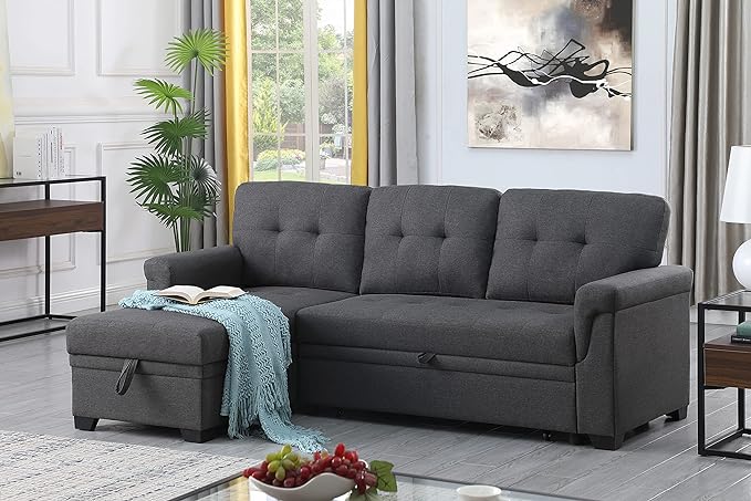 Lilola Home Lucca Sofá seccional Reversible, sillón de Almacenamiento, Cama extraíble, salón en Forma de L, Gris Acero, Lino