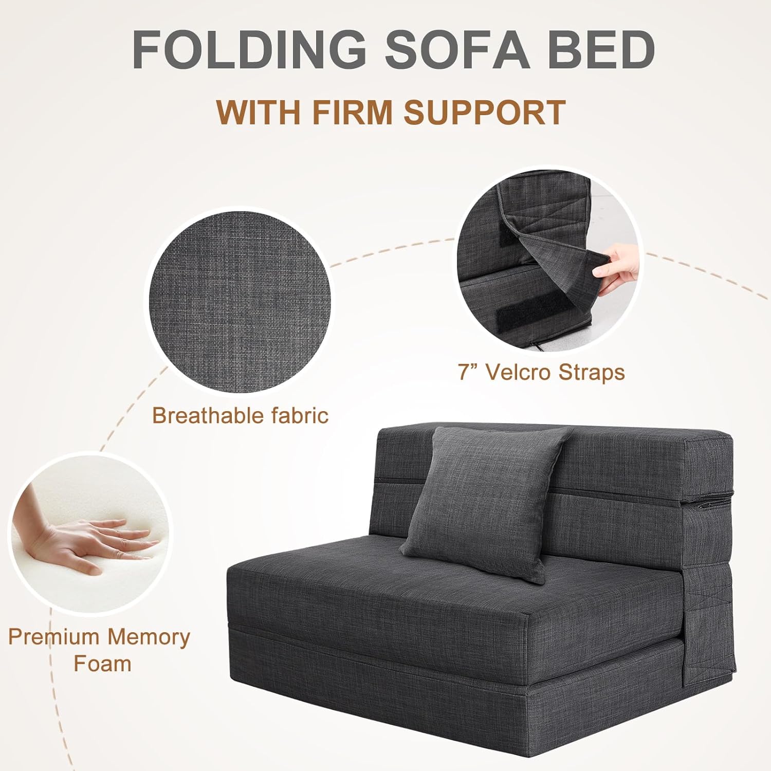 Nigoone - Sofá plegable tamaño Queen de espuma viscoelástica con 2 almohadas, sillón perezoso, triple futón, camas convertibles, funda lavable, gris oscuro