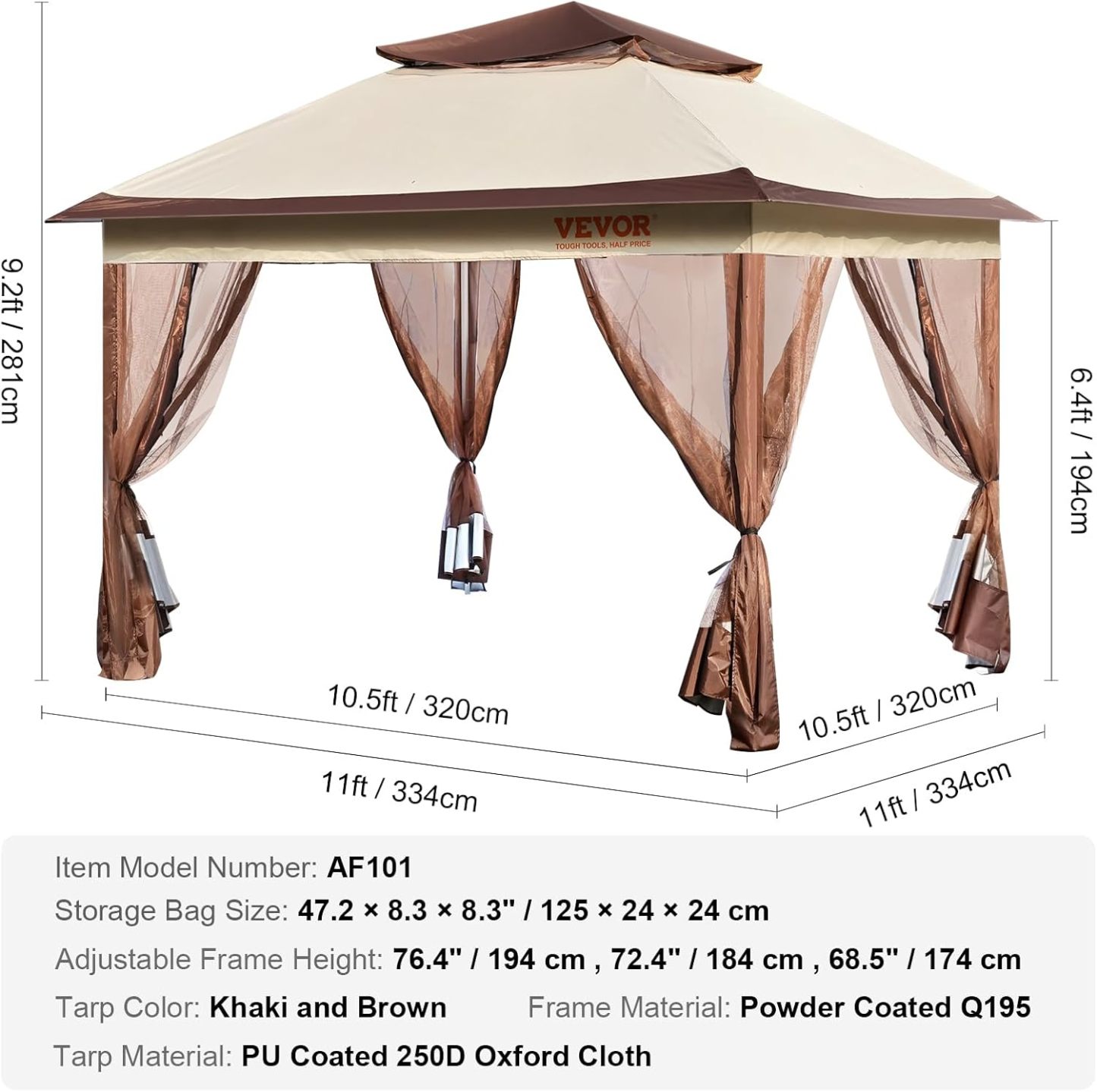 VEVOR - Gazebo desplegable para 8-10 Personas, con mosquitero, Marco de Metal y Tela Oxford 250D recubierta de Poliuretano, toldo Exterior para Patio, Patio, jardín, terraza, 11 x 11 pies, Color café