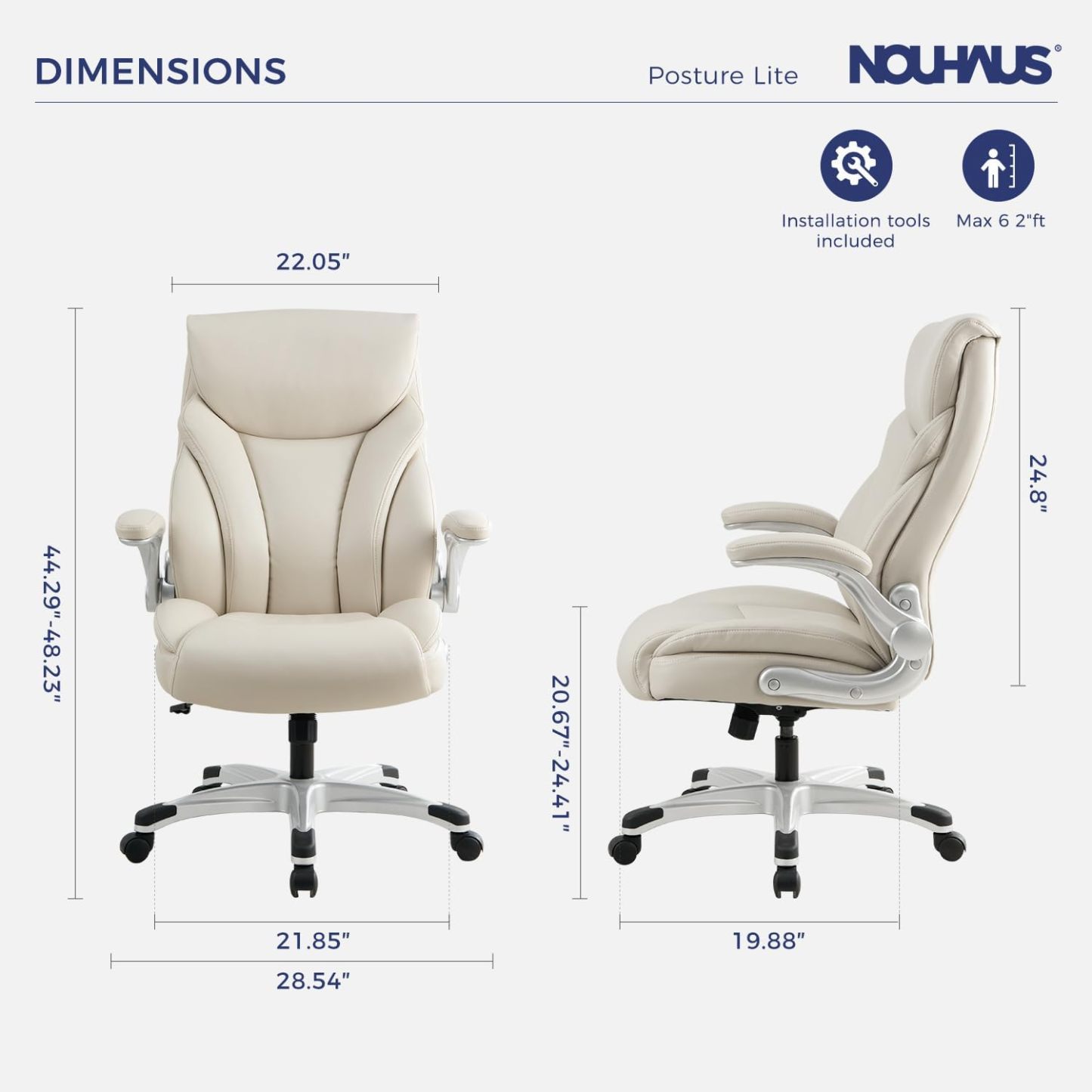 Nouhaus - Silla de oficina grande y alta con soporte lumbar, silla de oficina ergonómica de piel sintético, silla de computadora ejecutiva con reposabrazos ajustables (Posture Lite, blanco)