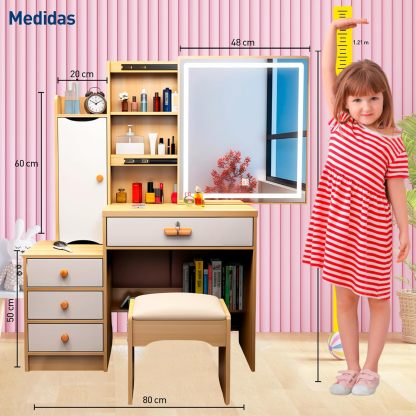 Bluelander Tocador De Niña, Tocador Vanity, Tocador para Niña, Vanity Tocador Hollywood, Tocador de Maquillaje con 4 Cajones, Estantes Ocultos, Incluye Taburete Acolchado, Espejo Led (Gris Claro)