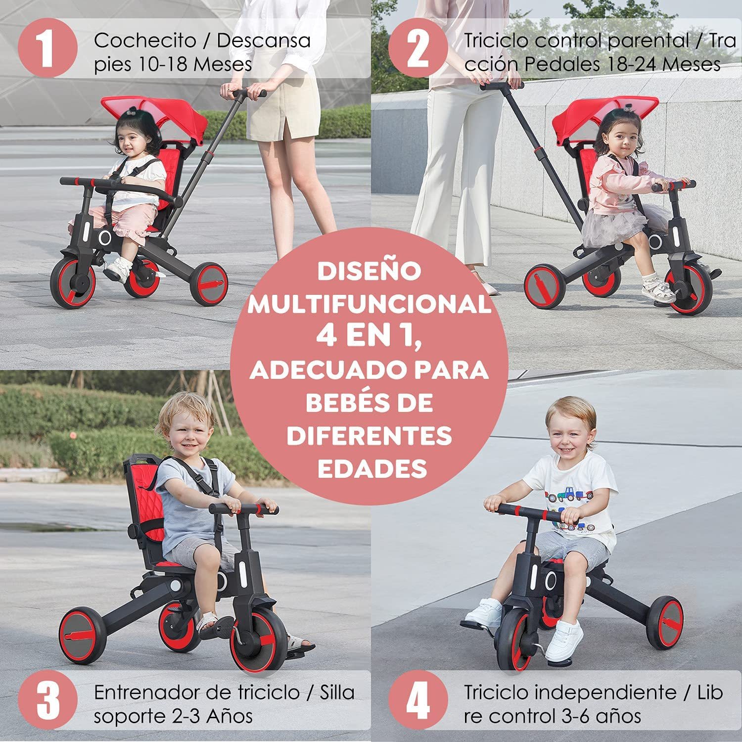 Triciclo de bebé 4 en 1, Bici polivalente, cochecito de dirección plegable, bicicleta de aprendizaje con barandilla desmontable, con toldo ajustable, arnés de seguridad, pedales plegable, freno, asa de empuje para padres, diseño de absorción de impactos,