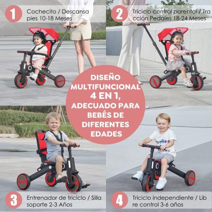 Triciclo de bebé 4 en 1, Bici polivalente, cochecito de dirección plegable, bicicleta de aprendizaje con barandilla desmontable, con toldo ajustable, arnés de seguridad, pedales plegable, freno, asa de empuje para padres, diseño de absorción de impactos,