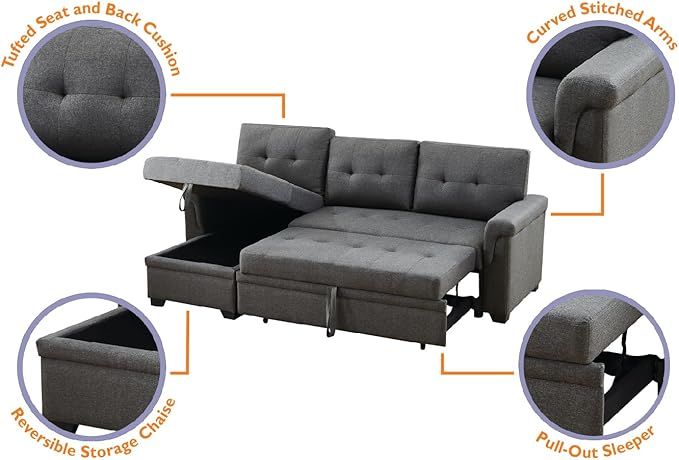 Lilola Home Lucca Sofá seccional Reversible, sillón de Almacenamiento, Cama extraíble, salón en Forma de L, Gris Acero, Lino