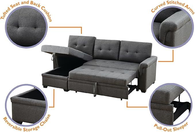 Lilola Home Lucca Sofá seccional Reversible, sillón de Almacenamiento, Cama extraíble, salón en Forma de L, Gris Acero, Lino