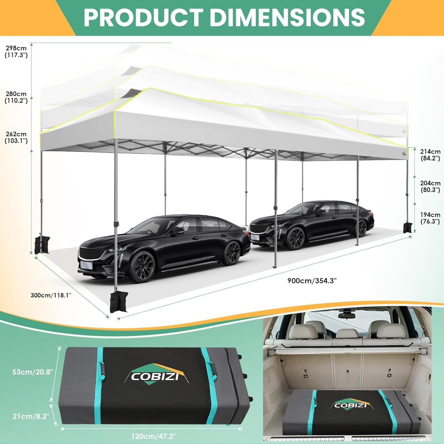 COBIZI - Tienda de campaña desplegable de 10 x 20 Pulgadas, Tienda de campaña instantánea Comercial para Bodas, Fiestas con 3 Altura Ajustable, toldo Ez Up para Exteriores, Impermeable, UPF50+ con